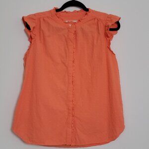 Ann Taylor Loft Peachy Coral Textured Dot Button Up Blouse Flutter Sleeves